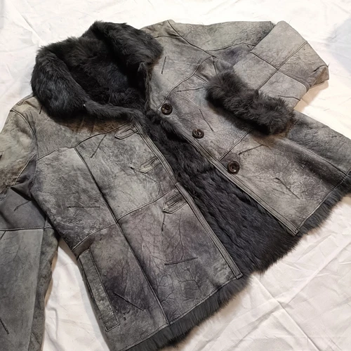 Vintage Real Rabbit Fur Coat leather Long coat Long black Jacket 100% Genuine - Picture 3 of 11