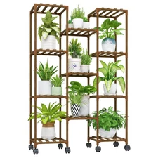 Bamworld Plant Stand With Wheels Indoor Outdoor Wood Plants Shelf for Multipl...