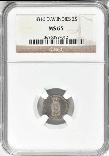 RARE DANISH WEST INDIES 2 Skilling 1816 Frederik VI NGC (MS-65) KM-13 SILVER