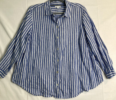 J Jill Love Linen XL P Blue White Striped Button Shirt 100% Linen Tunic