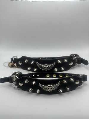Genuine Leather Spike Studded Bootstrap Set With Skull Wing Emblem Chain New USA
