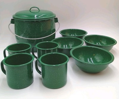 Metal Enamel Camping Set Pot 4 Cups & 4 Bowls Green Speckled - See Description 