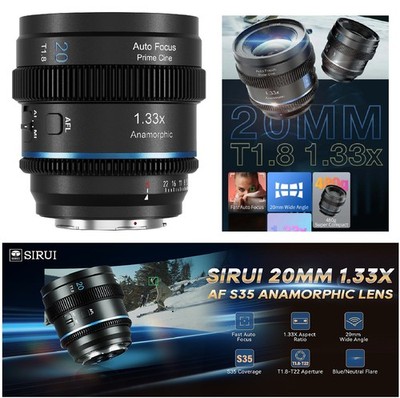 SIRUI 20mm T1.8 1.33X AF Anamorphic Lens E/L/MFT/X/Z Mount Blue / Neutral Flare