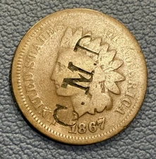 1867 Indian Head Cent – Counterstamped “CMP” - Good Semi Key Date