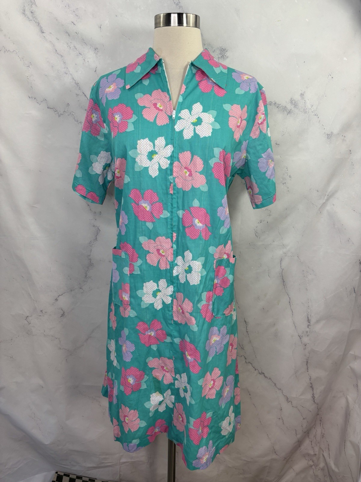 Vtg 70s MOD House Dress Floral Zip Front Belted Pockets Housewife Cottagecore L