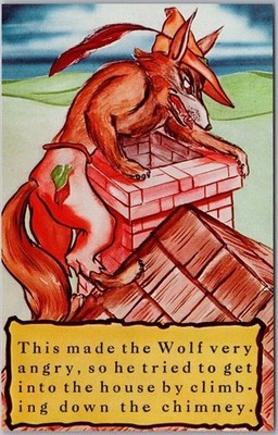 1959 THREE LITTLE PIGS Postcard No. 10 - Wolf Climbing Down Brick House Chimney
