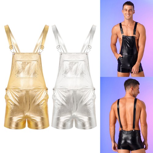 Men's PVC Leather Overalls Shiny Metallic Jumpsuit Suspender Bib Boxer Shorts - Picture 4 of 42