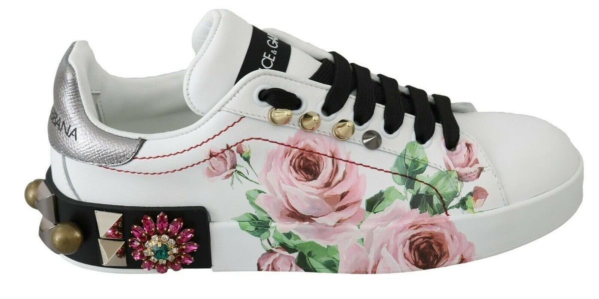 DOLCE & GABBANA White Leather Crystal Roses Floral Sneakers