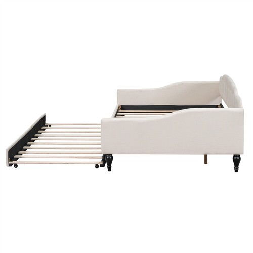Full Size Daybed with Pull Out Trundle Bed Upholstered Bed Frame Sofa Bed Beige - Picture 10 of 18