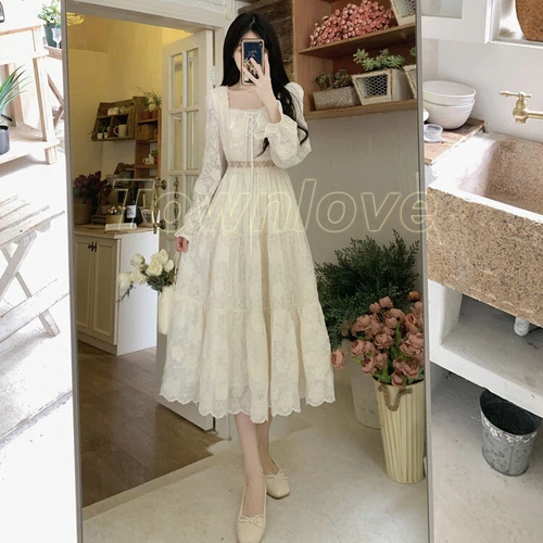 Women Fairy Elegant White Long Sleeve Dresses Lace Dress Vintage Square Collar - Bild 7 von 12