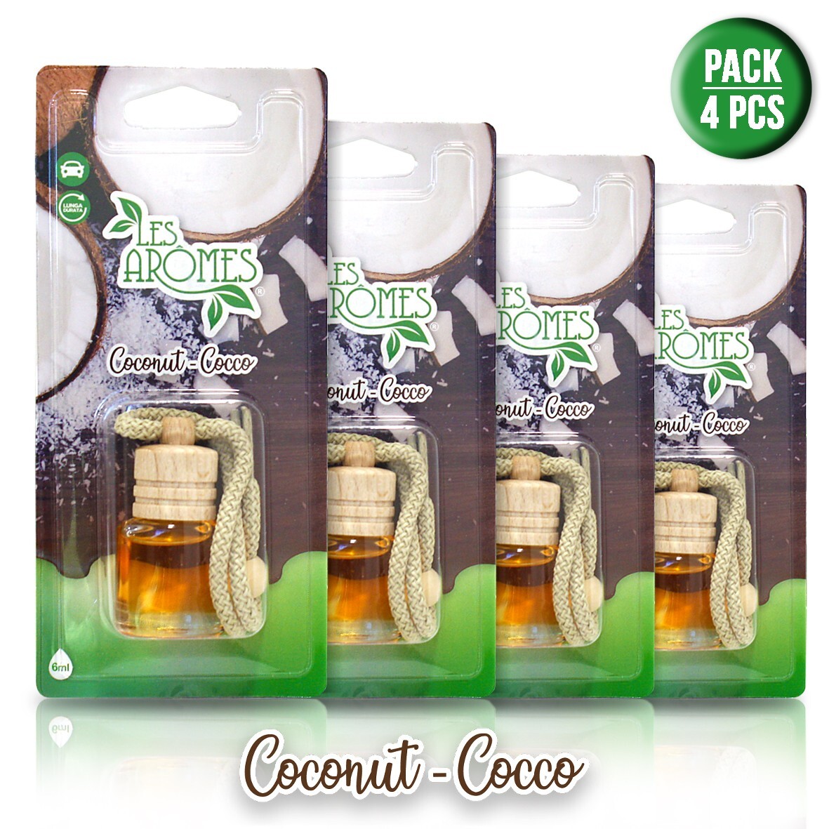 Deodorante profumo auto da appendere bottiglia 6 ml Cocco - Pack 4 pz