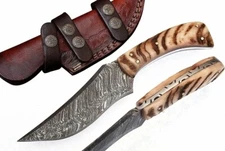 Damascus Steel Hunting Knife, Handmade, Leather Sheath, Goat Horn Handle, 9 Inch