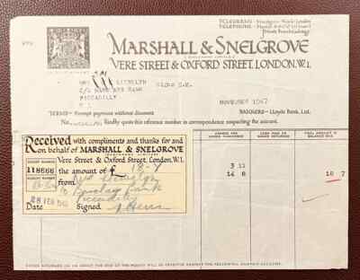 1948 Marshall & Snelgrove, Deprtment Store, Vere & Oxford St, London Invoice