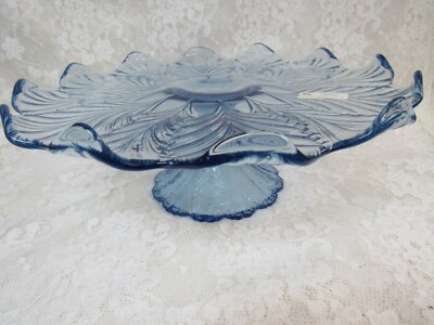 L.E.Smith Powder Blue PLUME Rolled Scallop Edge Pedestal  Cake Stand-13'' W/LABEL