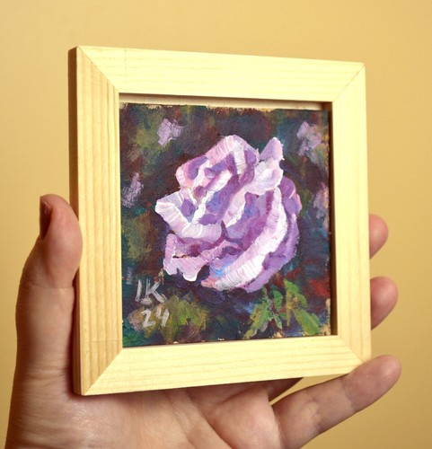 Framed Lavender Rose Painting Original Rich Green Abstract Background - Picture 5 of 7