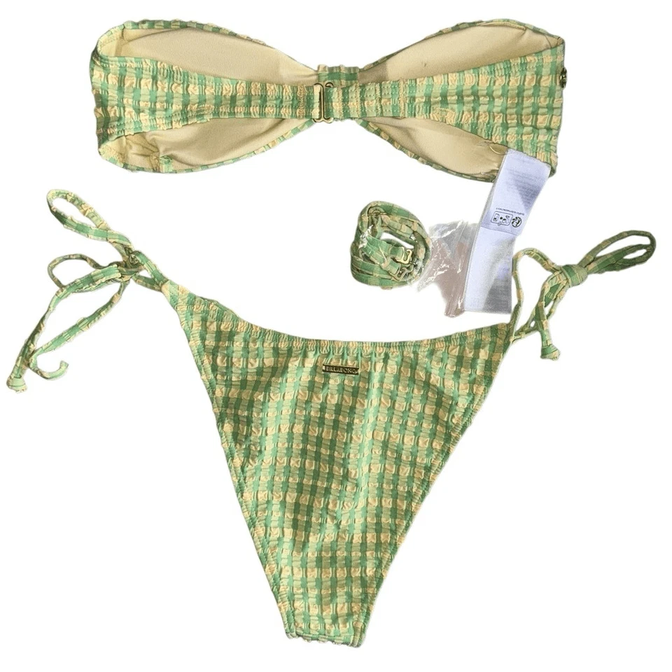 Bikini Billabong Nuevo sin Etiquetas Wave Check Betty Bandeau Conjunto Superior e Inferior Verde/Amarillo Foto 3 de 4