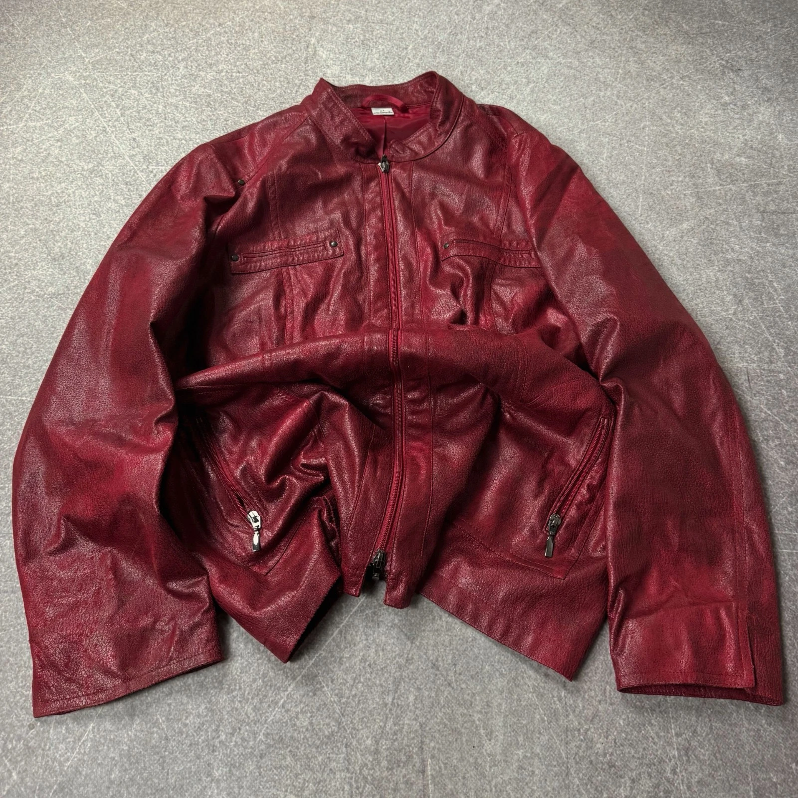 Red Leather Jacket Cropped Fitted Zip Up Minimal Vintage 2000s Style