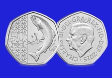50p Coin. KING CHARLES III ATLANTIC SALMON  FIFTY PENCE COIN 2025 BUNC. - Available on eBay