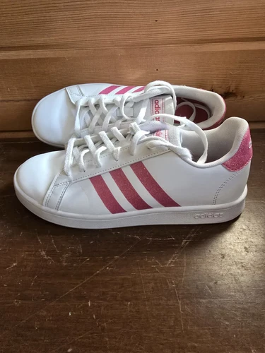 Scarpe da ginnastica Adidas bianche vero rosa glitter bambina taglia 5Y EG5136