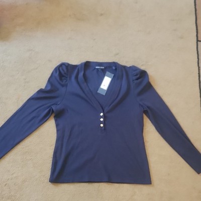 Veronica Beard Dekalb Top Navy XL V-Neck Puff Long Sleeve Knit Button Front