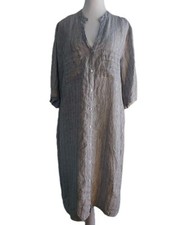 Soul Sparrow 100% Linen Button Up Midi Shirt Dress Pinstripe Gold Navy Sz S