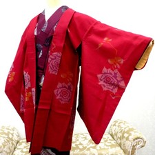 Antique Kimono Haori Silk Rose checkered pattern Red Women's