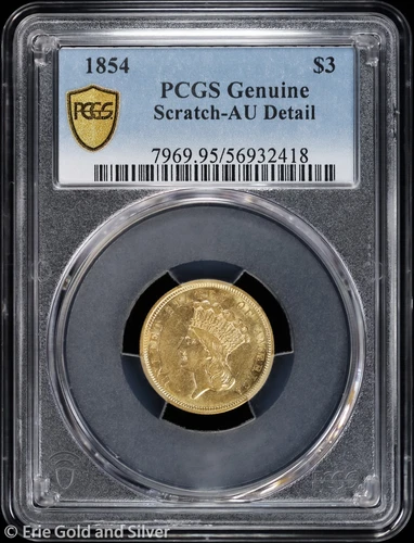 1854 $3 Indian Princess Head Three-Dollar Gold Piece PCGS Genuine AU Detail