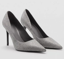 MANGO MNG SILVER RHINESTONE STRACH EMBELLISHED STILETTO HEELS SHOES SZ 39 US 8.5