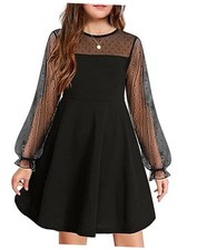 Girl's Contrast Mesh Puff Long Sleeve High Waist A Line 12-13 Years Black