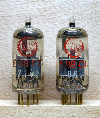 Pair: VALVO E88CC PHILIPS made | SEHR GUT   RED Label balanced Tubes ( 6922 )