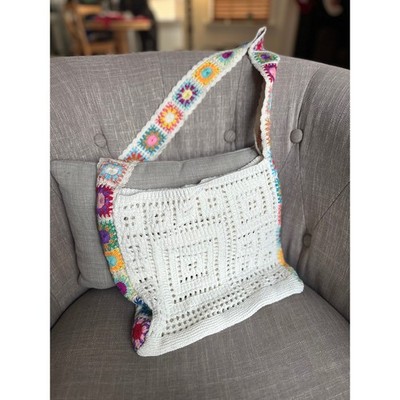Handmade Crochet Granny Square Shoulder Bag Boho Festival Cream Colorful Strap