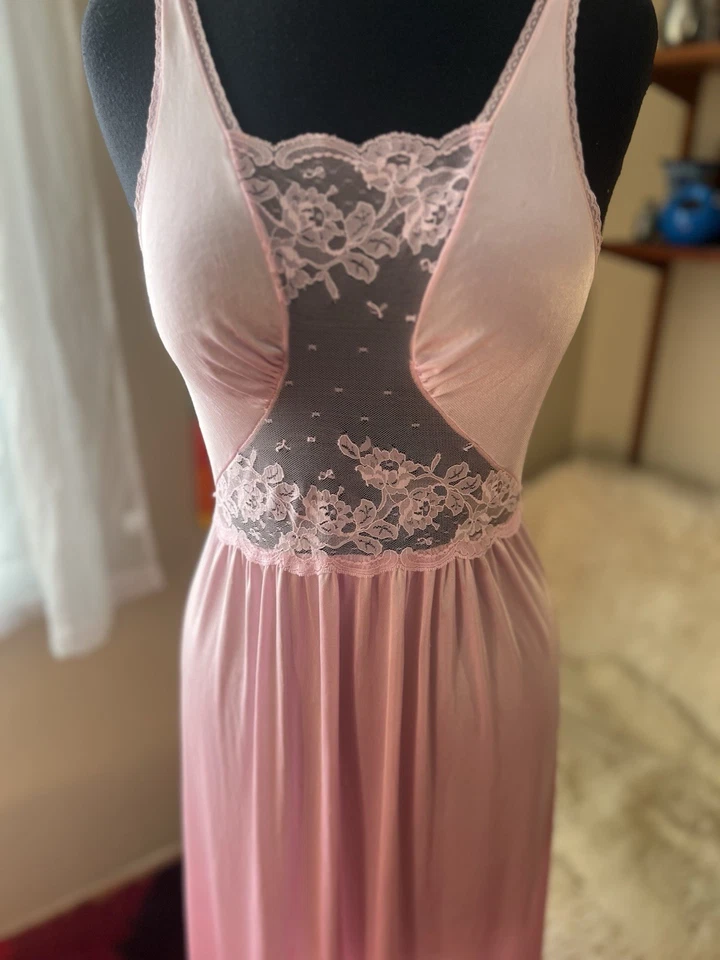 Винтажный Olga стиль JC пенни розовый нейлона кружева полный развертки платье ночная рубашка США маленький - Изображение 2 из 4