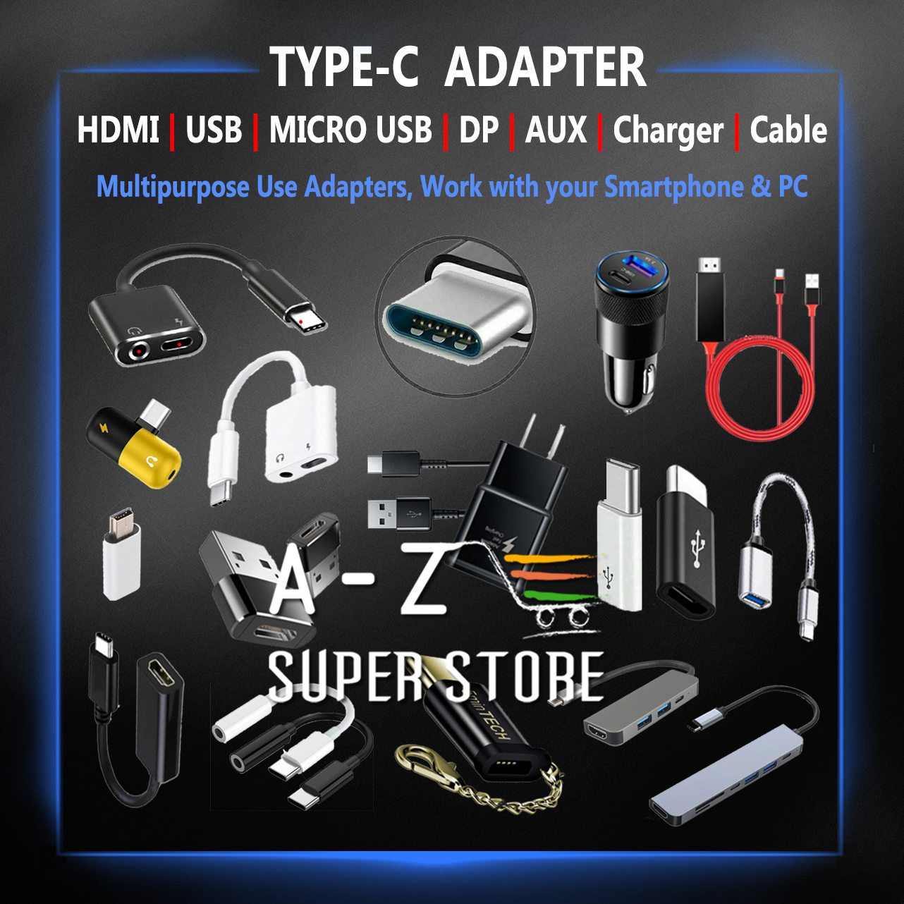 ADAPTER TYPE-C USBC To HDMI, AUX, Micro USB, DP, Cable, Charger lot Phone or PC-image