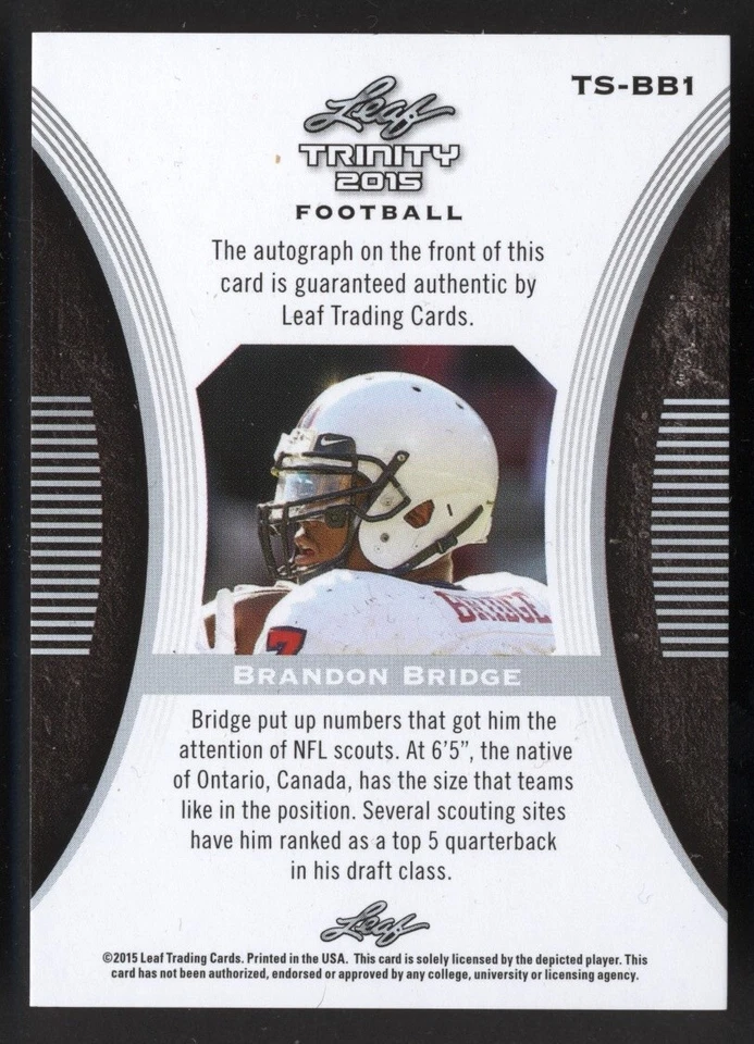 2015 Leaf Trinity Brandon Bridge Auto /25 South Alabama Jaguars CFL Montreal - Image 2 of 2