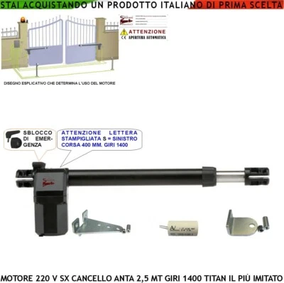 SECURVERA Pistone Cancello Sinistro Motore Elettrico 230 V Stelo 400 mm 1400 Giri Sblocco