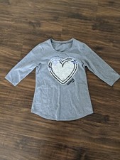 Size 10 Justice Reversible Sequin Heart Gray Top 3/4 Sleeve Shirt Dance