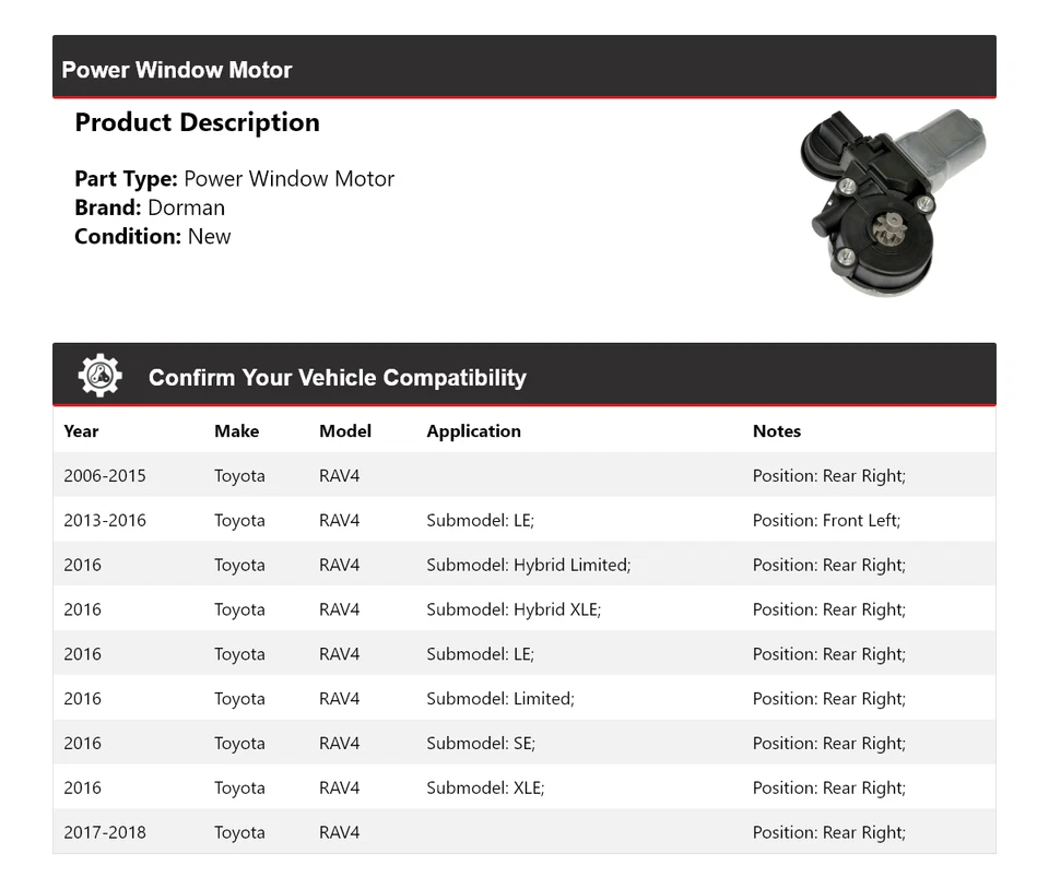 Motor de ventana eléctrica para Toyota RAV4 Dorman 2006-2018 2007 2008 2009 2010 2011 Foto 2 de 4