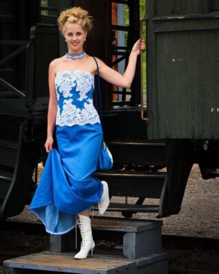 Western Wedding Blue Denim and White Lace Corset and Train