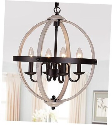  Farmhouse Chandelier,Industrial Rustic Globe Sphere Orb Chandelier Oak White 
