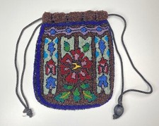 Antique Glass Beaded Drawstring Reticule Purse Handbag 7" High AS IS