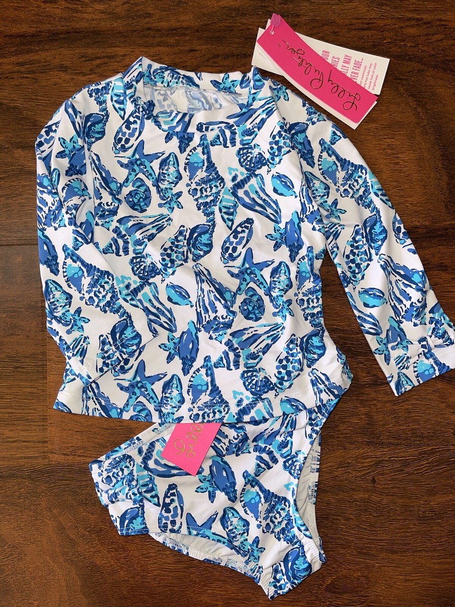 Lilly Pulitzer Girl White SHELL COLLECTOR BOBBY RASHGUARD SWIMSUIT 2pc  Set NWT