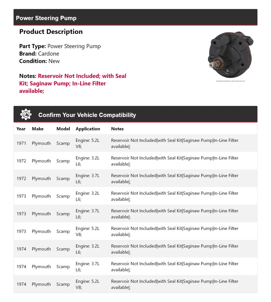 Bomba de dirección asistida Cardone 1972 1973 para Plymouth Scamp 1971-1974 Foto 2 de 4