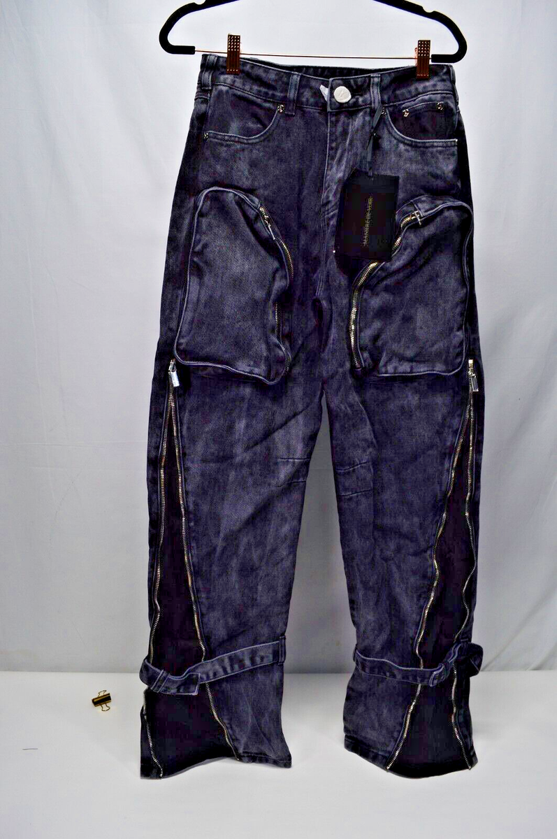 NWT Maniere De Voir Zip Detail Cargo ZIP Washed Black Denim Pants 