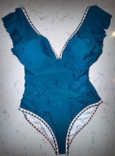 Womens New Size Large Teal One Piece Bathing Suit Swim Wear  Ruffle  Aidonger