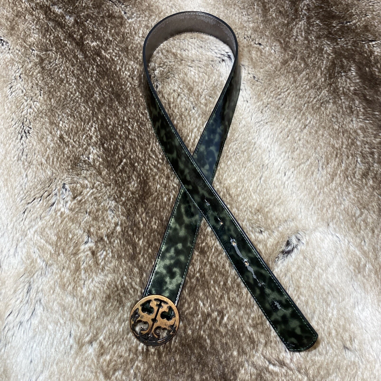 Cintura Tory Burch da uomo verde S nero lucido pelle motivo oro rosa fibbia logo