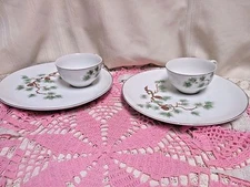 Laurel China Snack Plate and Cup Sets Pine Platinum Trim Made In Japan 2 Sets