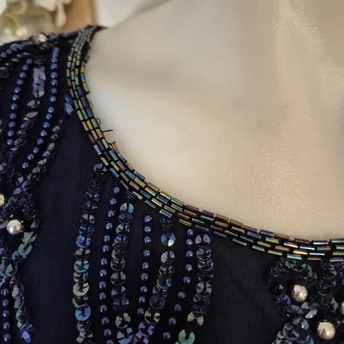 Sténay Navy Beaded Sequin Keyhole Back Silk Dress Size 22 - Picture 4 of 14
