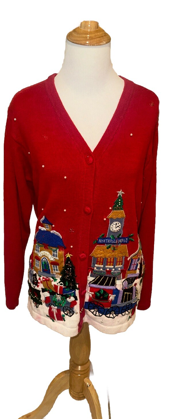 Vintage Victoria Jones Christmas Cardigan Sweater  Women Medium Embroidered