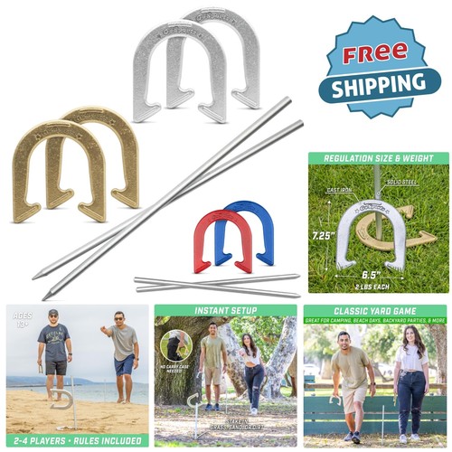 Horseshoe Set Steel Regulation Size 4 Horseshoes 2 Stakes Outdoor Fun