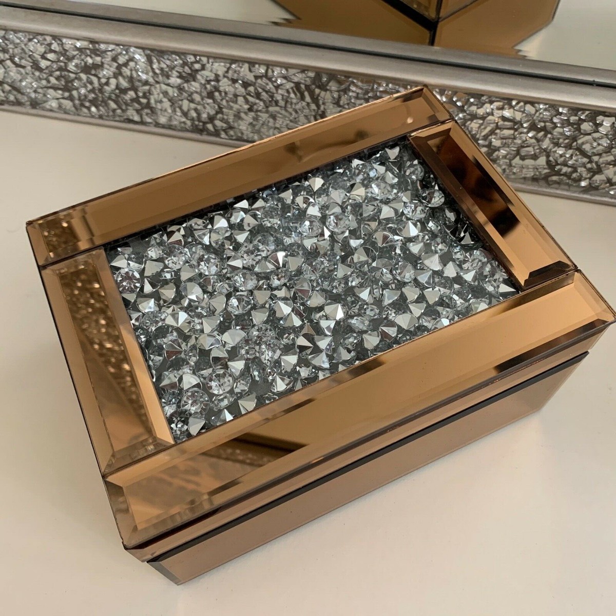 Copper Mirror Glass Jewellery Box Jewel diamante Mirror Jewellery